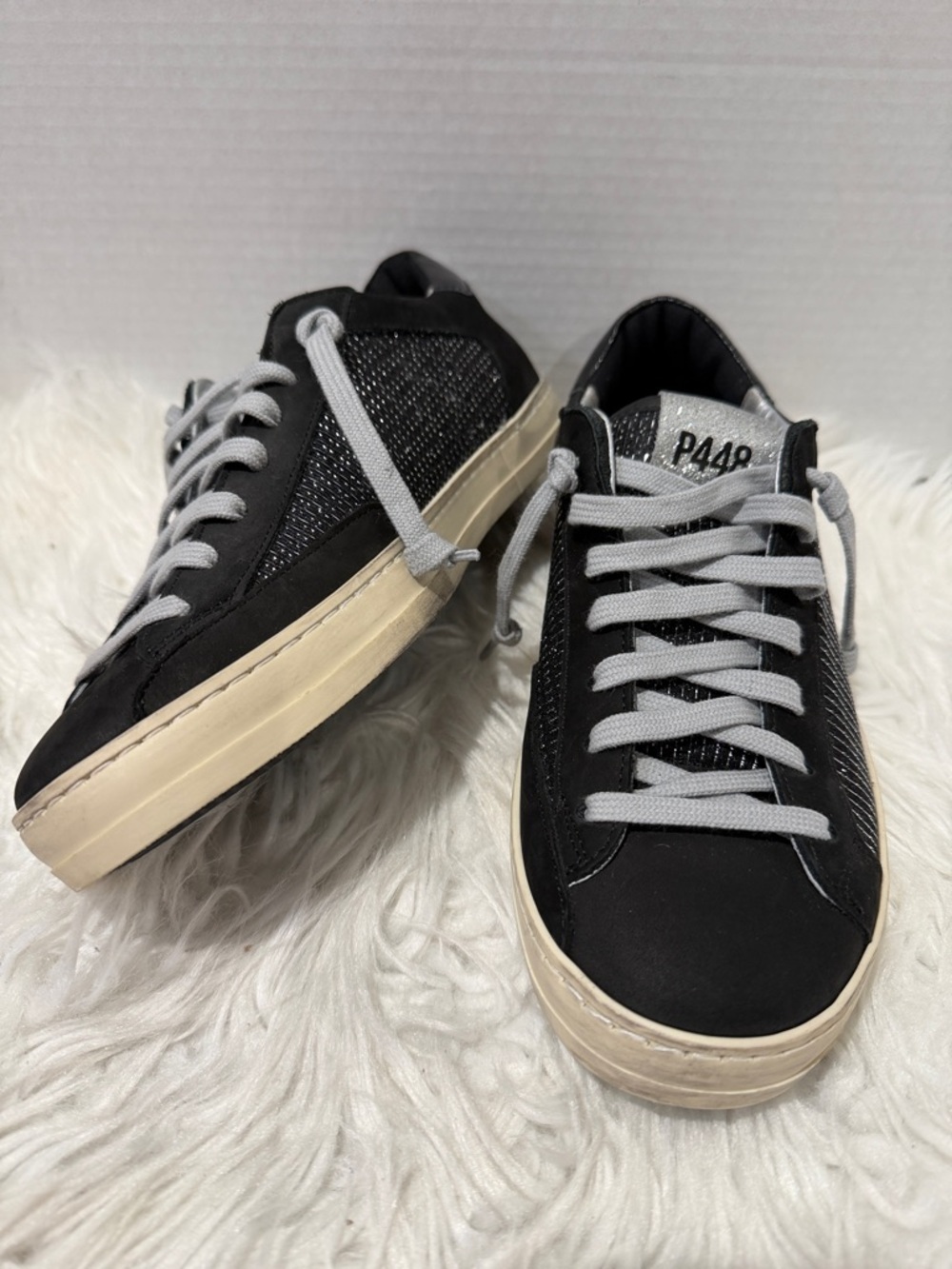 P448 Black Sneakers with Sparkly Side Panels and Gray Laces NWOT